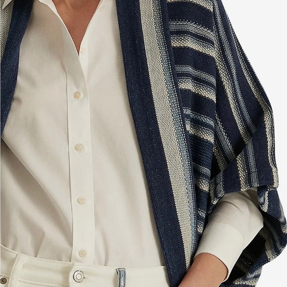 NWT Lauren Ralph Lauren Striped Cotton Fringe-Trim Cardigan Sweater Oversize Fit - Picture 4 of 16